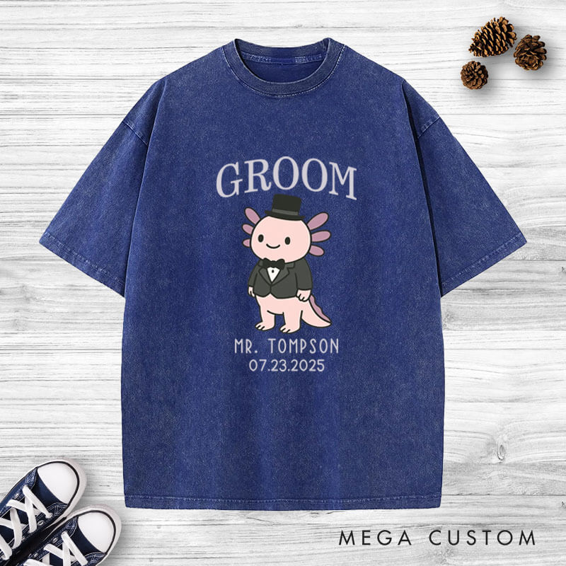Personalized Cute Bride and Groom Axolotl Wedding Couple Washed T-Shirt