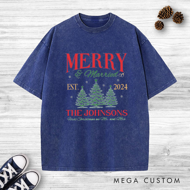 Personalized Joyful Merry and Married the First Christmas as Mr and Mrs Washed T-Shirt