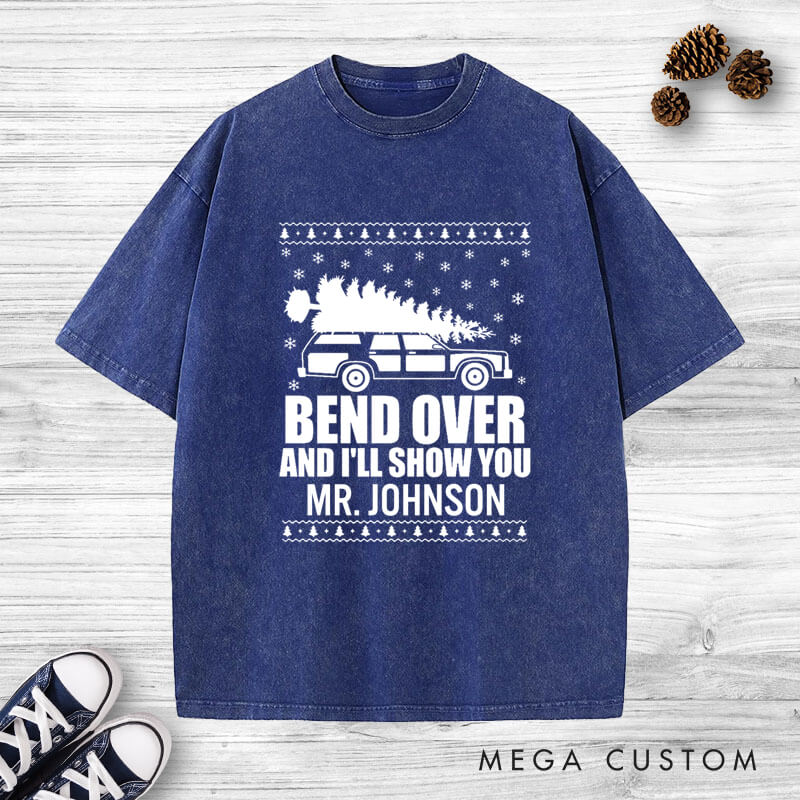 Personalized Funny Christmas Tree Debate Bend Over I'll Show You Matching Wedding Couple Washed T-Shirt