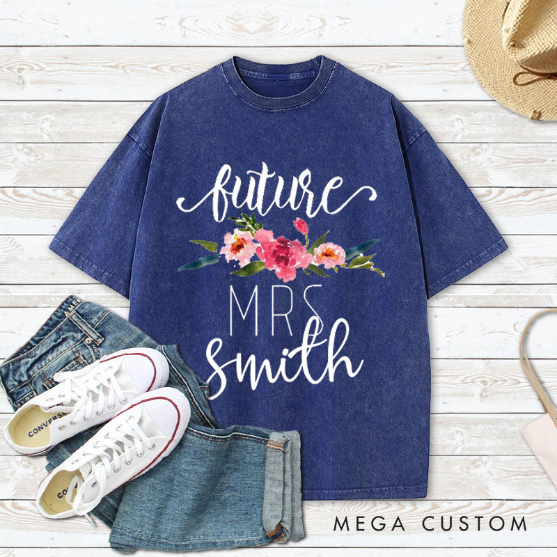 Personalized Watercolor Floral Future Mrs Fiancee Engagement Fiancée Washed T-Shirt