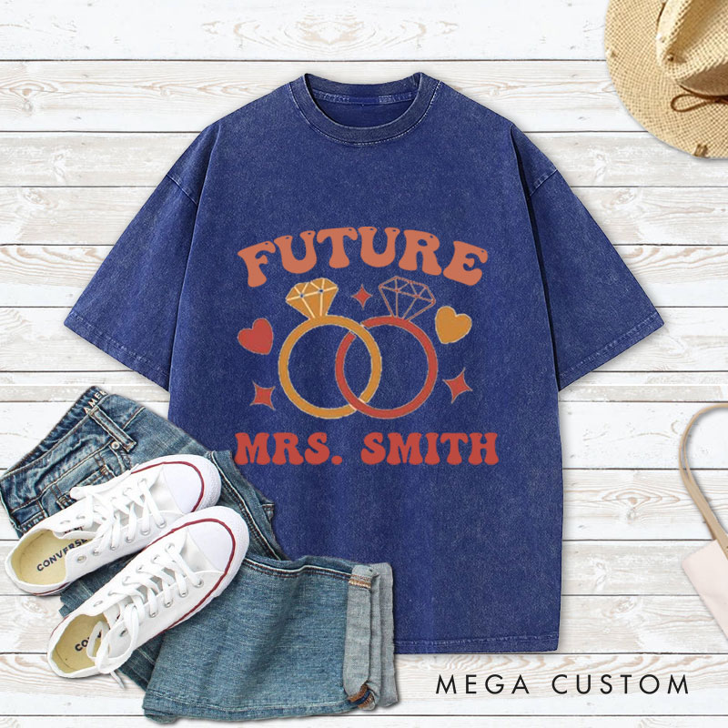 Personalized Playful Future Mrs with Intertwined Rings Fiancee Engagement Fiancée Washed T-Shirt