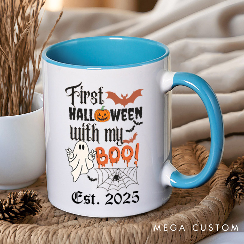 Personalized First Halloween with My Boo Ghost and Pumpkin Two Tone Color Couple Mugs 