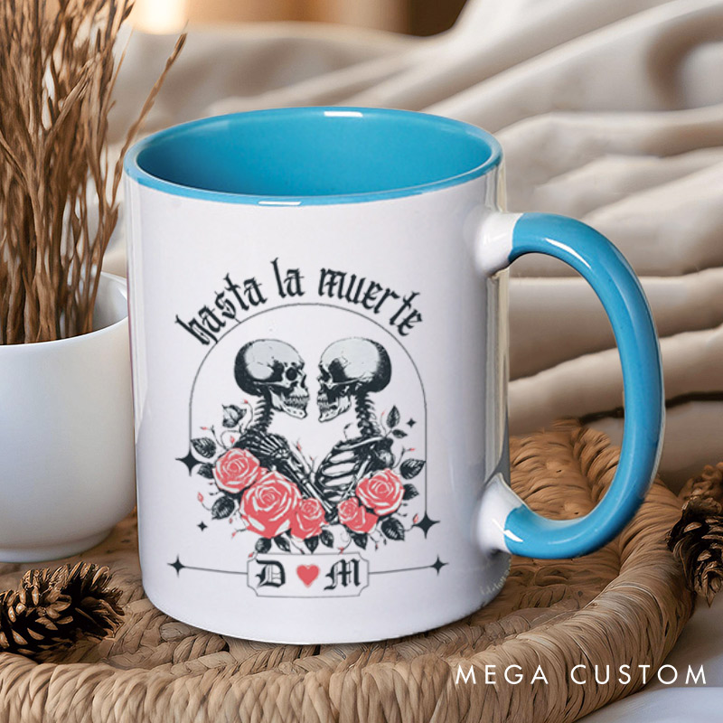 Personalized Hasta La Muerte Skeleton Couple with Roses Couple Mugs 