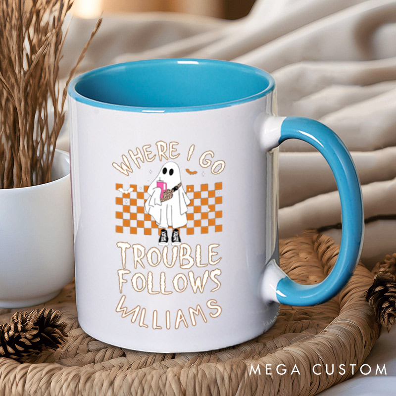 Personalized Where I Go Trouble Follows Ghost with Checkered Background Couple Mugs 
