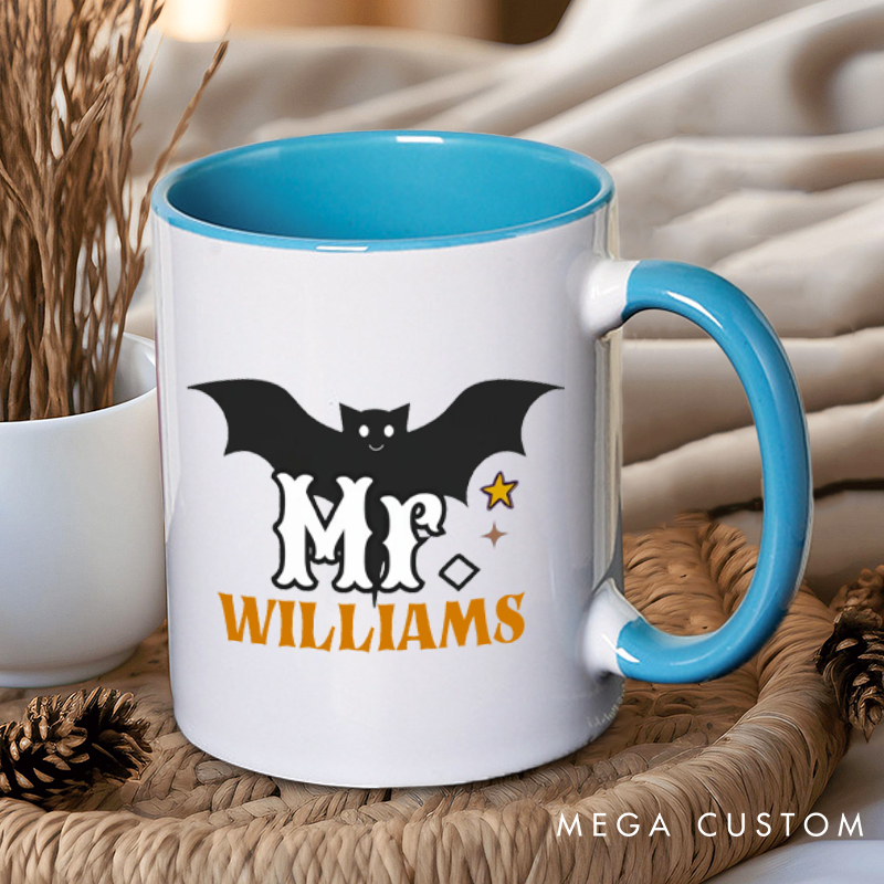 Personalized Mr. and Mrs. Bat Design with Halloween Theme Couple Mugs 