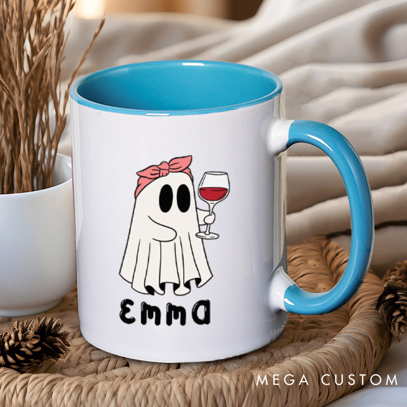 Personalized Cute Couple Ghosts with Wine Glasses Halloween Couple Mugs 