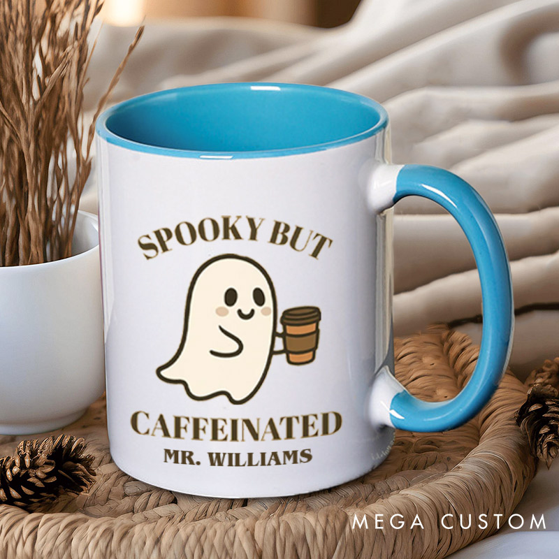 Personalized Spooky but Caffeinated and Spooky but Cute Ghost Halloween Couple Mugs 