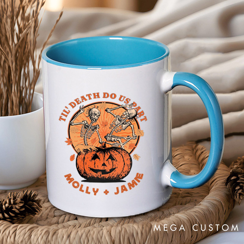 Personalized Til Death Do Us Part Pumpkin Skeleton Couple Halloween Couple Mugs 