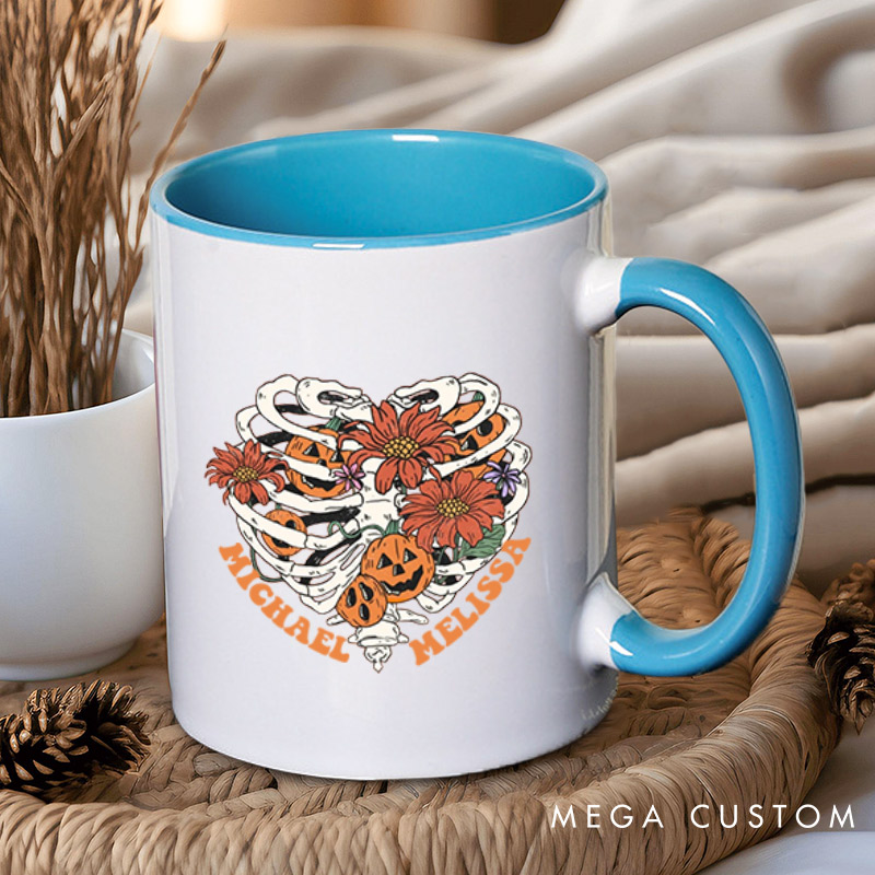 Personalized Floral Skeleton Ribcage with Pumpkins Halloween Couple Mugs