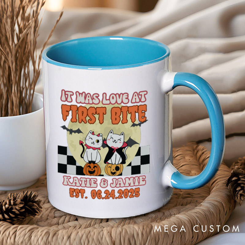 Personalized Love at First Bite and Fangs for the Memories Cat Couple Halloween Couple Mugs