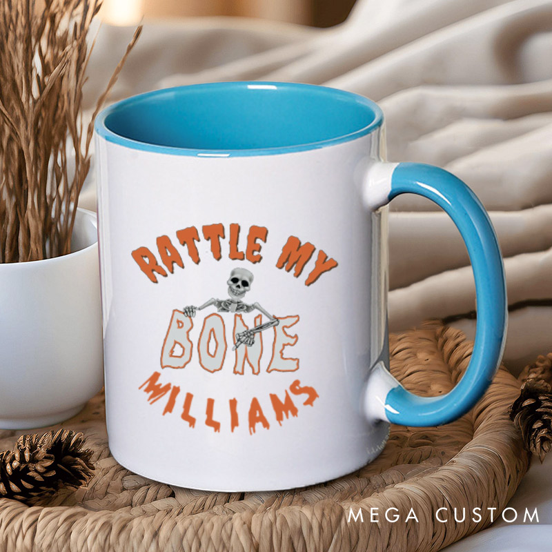 Personalized Rattle My Bone and Let's Get Tangled in My Web Halloween Couple Mugs