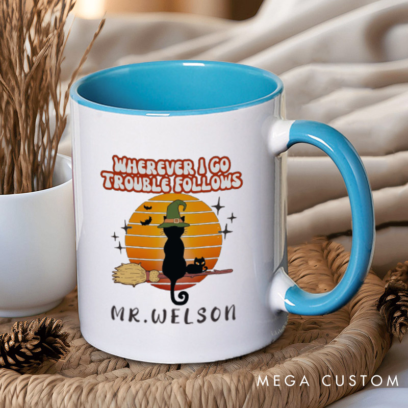 Personalized Trouble Follows Halloween Cat Couple Halloween Couple Mugs