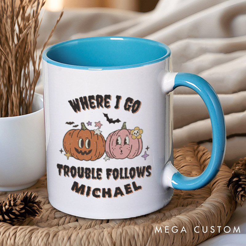 Personalized Where I Go Trouble Follows & I'm Trouble Pumpkin Halloween Couple Mugs