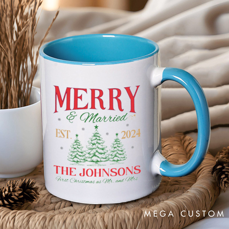 Personalized Joyful Merry and Married the First Christmas as Mr and Mrs Couple Mugs