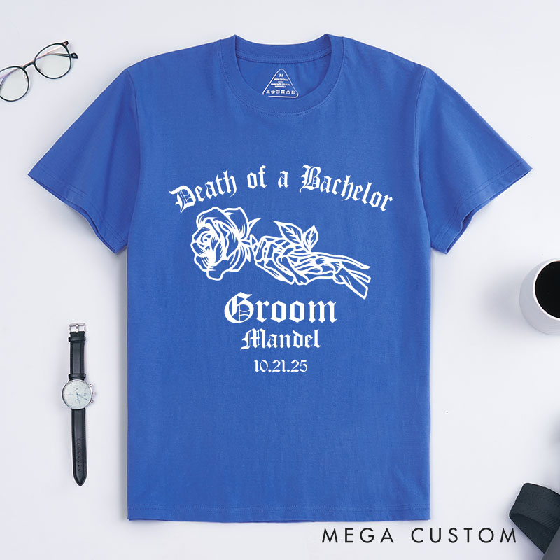 Personalized "Death of a Bachelor" T-Shirt Elegant Gothic Skeleton Rose Designed Groom T-Shirt Bachelor Party Favors Shirt for Him