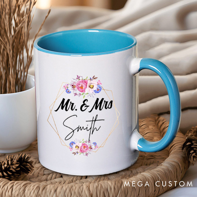 Personalized Geometric Frame with Watercolor Floral Mr and Mrs Wedding Couple Mugs