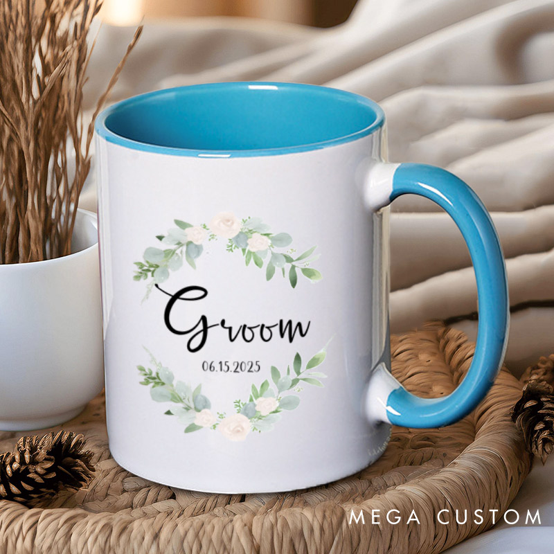 Personalized Elegant Floral Wreath Bride and Groom Matching Wedding Couple Mugs