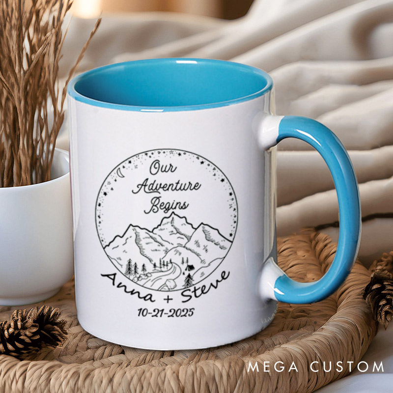 Personalized Rustic Mountain Our Adventure Begins Newlyweds Wedding Couple Mugs