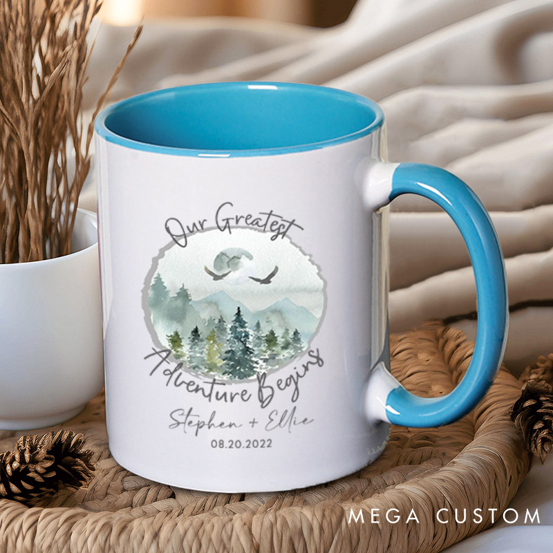 Personalized Romantic Nature Our Greatest Adventure Begins Wedding Couple Mugs