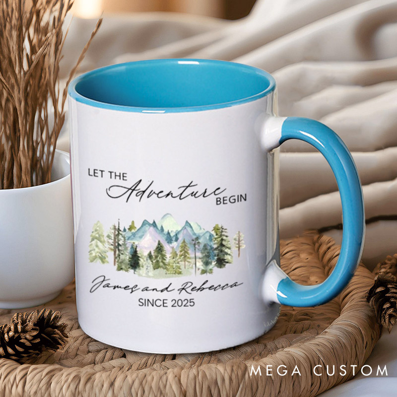 Personalized Mountain Scenic Let the Adventure Begin Newlyweds Wedding Couple Mugs