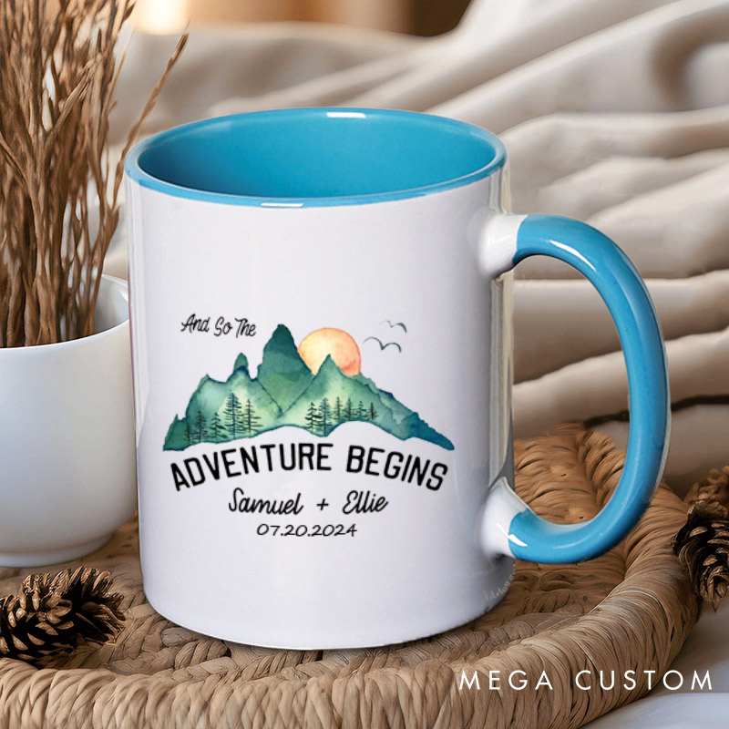 Personalized Scenic And So The Adventure Begins Newlyweds Wedding Couple Mugs
