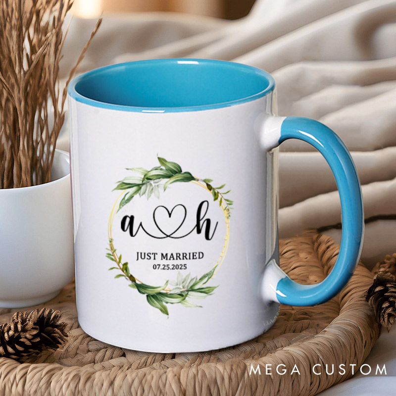 Personalized Romantic Botanical Just Married with Initials Wedding Couple Mugs