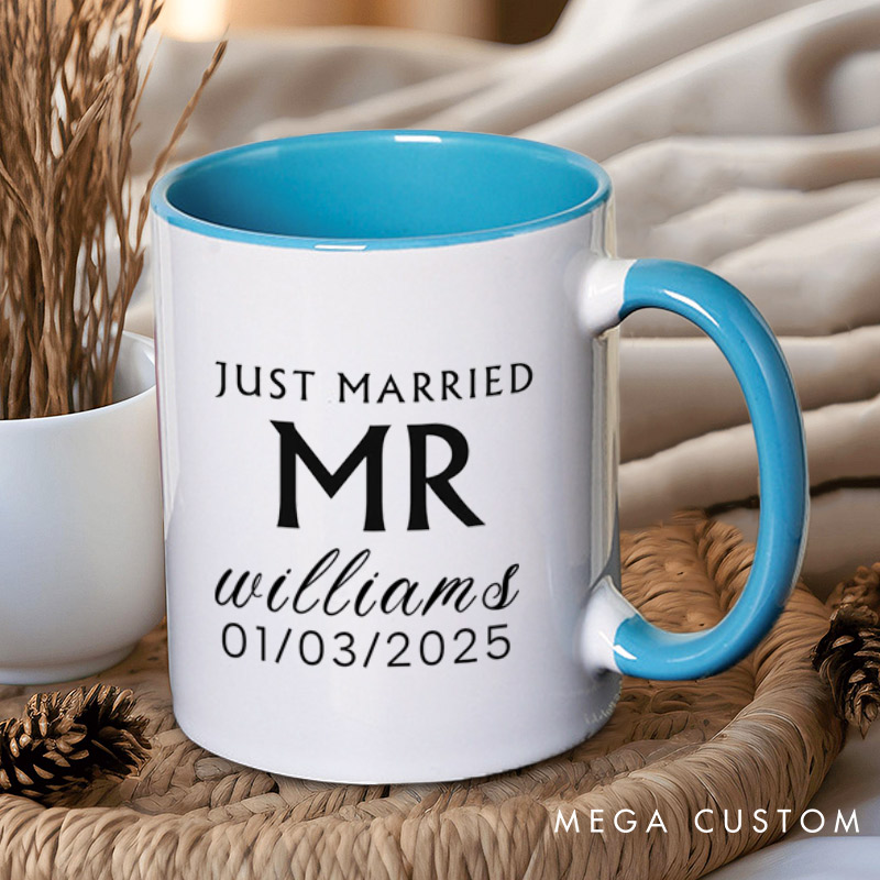 Personalized Minimalist Just Married Mr and Mrs Wedding Couple Mugs