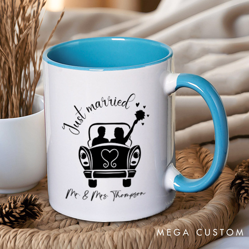 Personalized Romantic Just Married with Wedding Car Wedding Couple Mugs