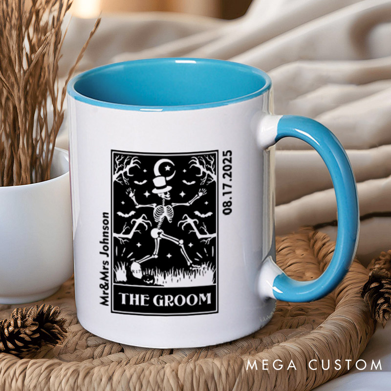Personalized Whimsical Tarot Card Skeleton Bride and Groom Wedding Couple Mugs