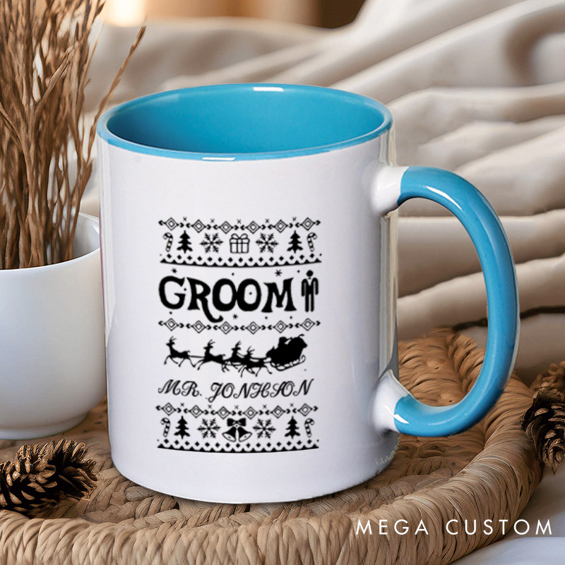 Personalized Christmas Bride and Groom with Reindeer and Sleighs Matching Wedding Couple Mugs