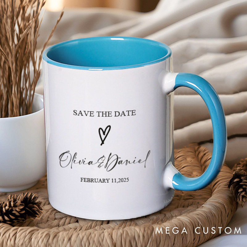 Personalized Save The Date with Your Names and Heart Wedding Couple Mugs