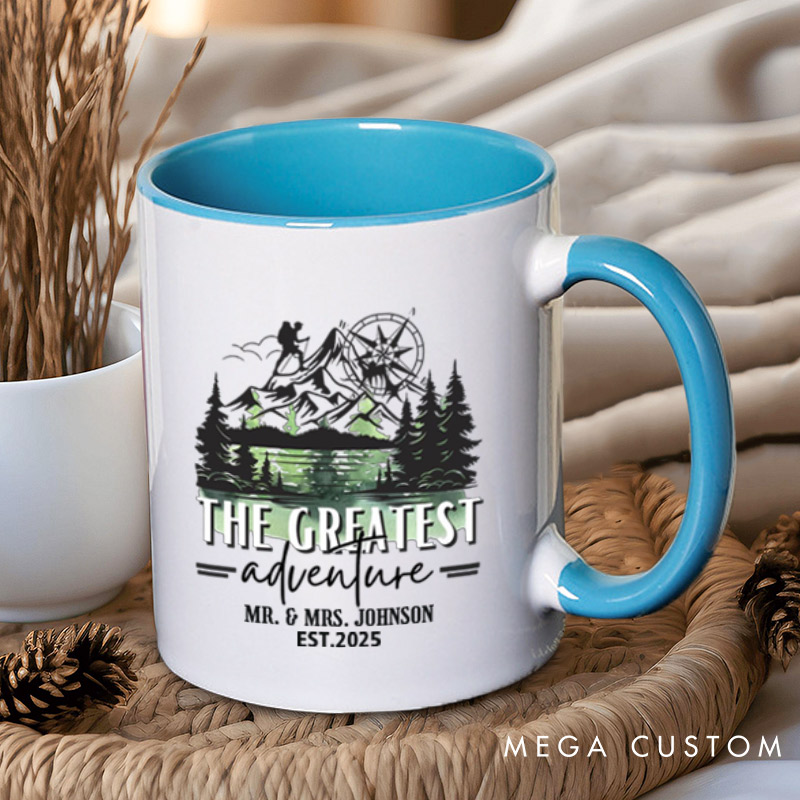 Personalized The Greatest Adventure Mr and Mrs Wedding Couple Mugs