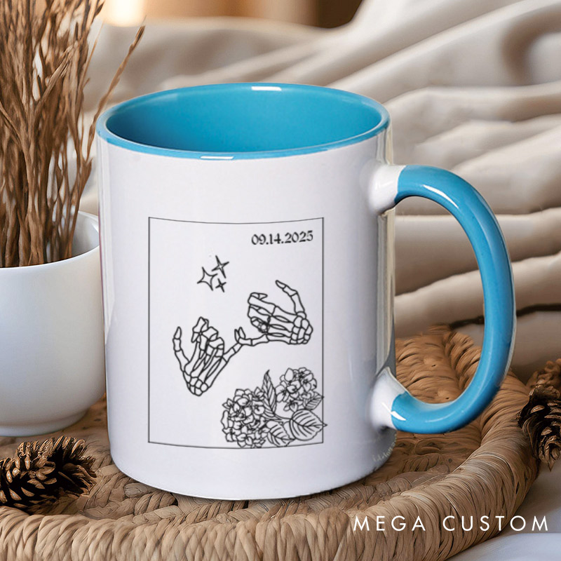 Personalized Unique Skeleton Finger Hooks and Floral Wedding Couple Mugs