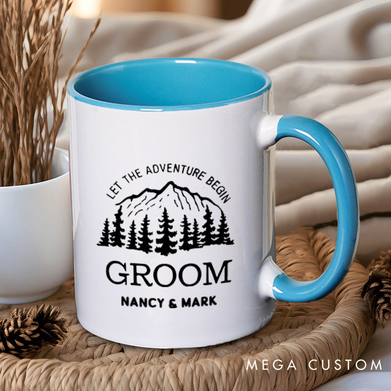 Personalized Mountain Serene Let The Adventure Begin Bride and Groom Wedding Couple Mugs