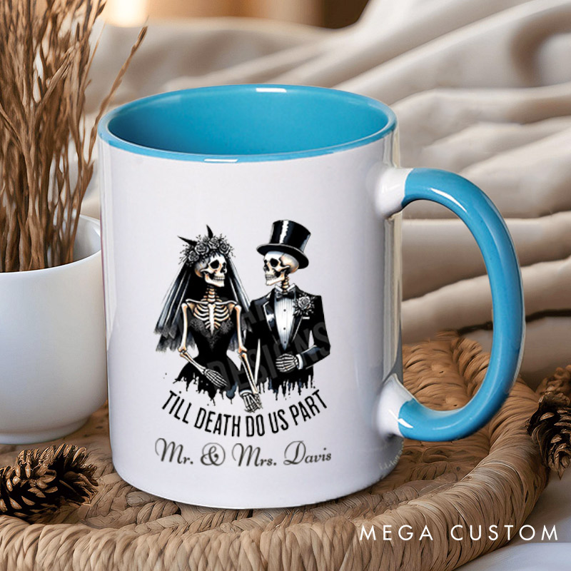 Personalized Til Death Do Us Part Skeleton Bride and Groom Matching Wedding Couple Mugs