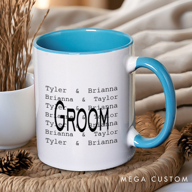 Personalized Modern Repetitive Text Bride and Groom Wedding Couple Mugs