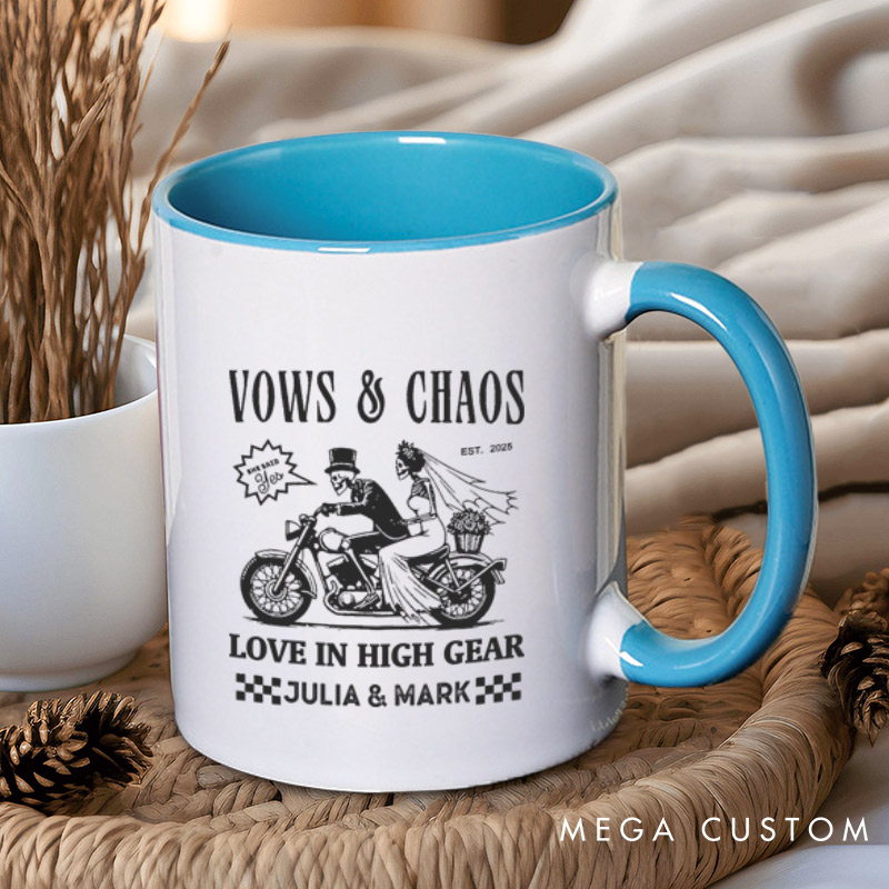Personalized Vows & Chaos Motorcycle-Themed Love In High Gear Wedding Couple Mugs