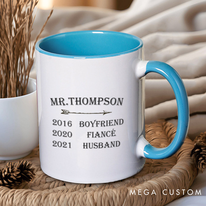 Personalized Mr and Mrs Milestone Journey with Arrow Matching Wedding Couple Mugs