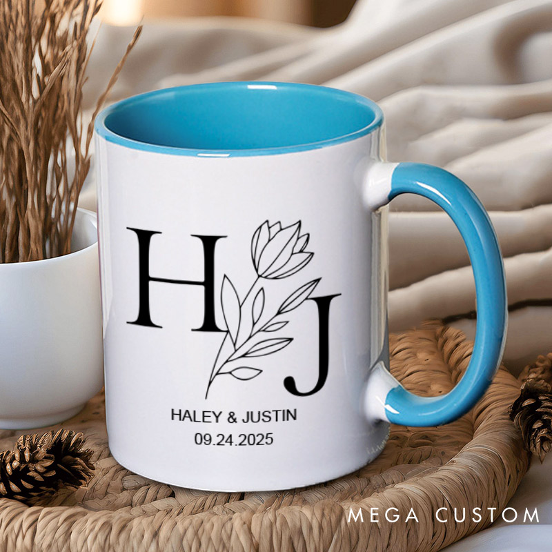Personalized Elegant Floral with Initials Wedding Couple Mugs