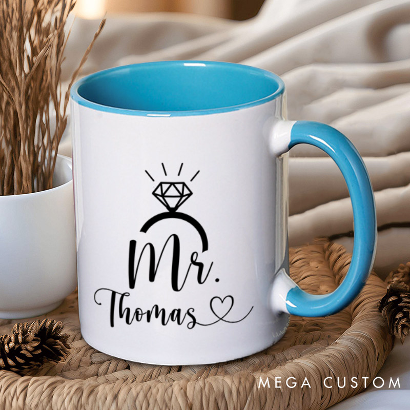 Personalized Elegant Mr and Mrs with Diamond Ring Wedding Couple Mugs