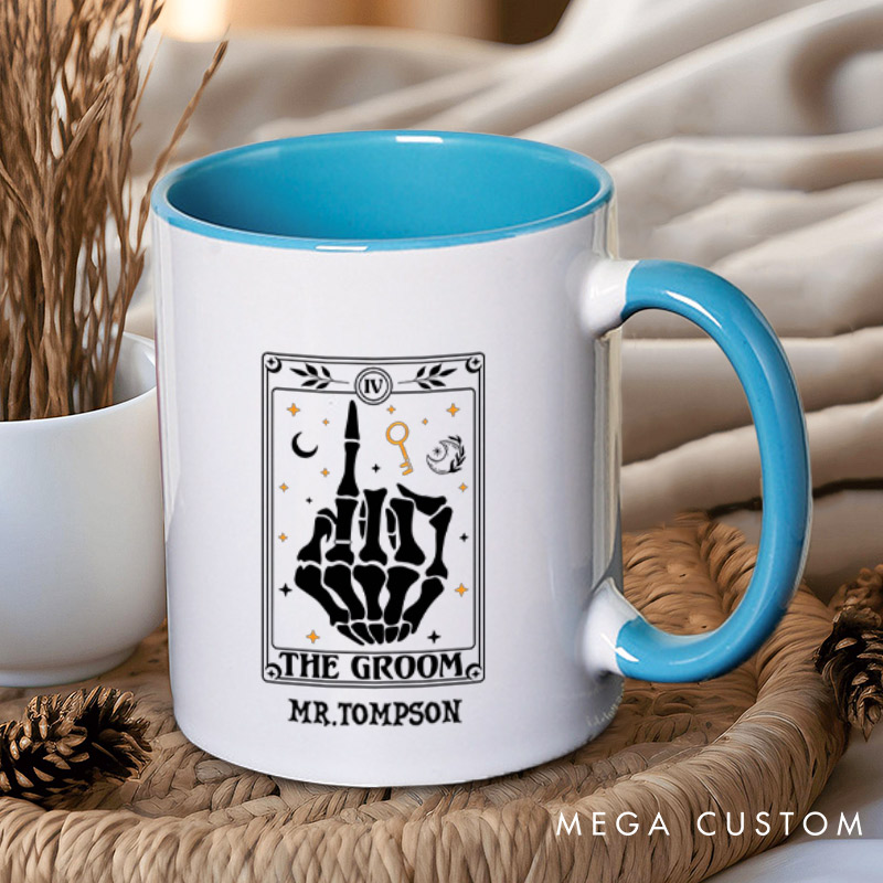 Personalized Tarot Card Skeleton Funny Gesture Bride and Groom Wedding Couple Mugs