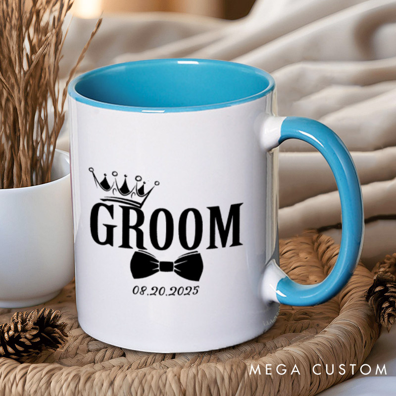 Personalized Regal Bride and Groom with Crowns and Date Matching Wedding Couple Mugs