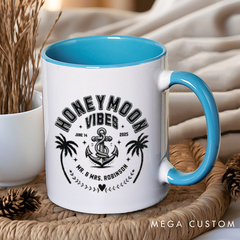 Personalized Nautical Honeymoon Vibes with Anchor and Palm Trees Matching Honeymoon Couple Mugs