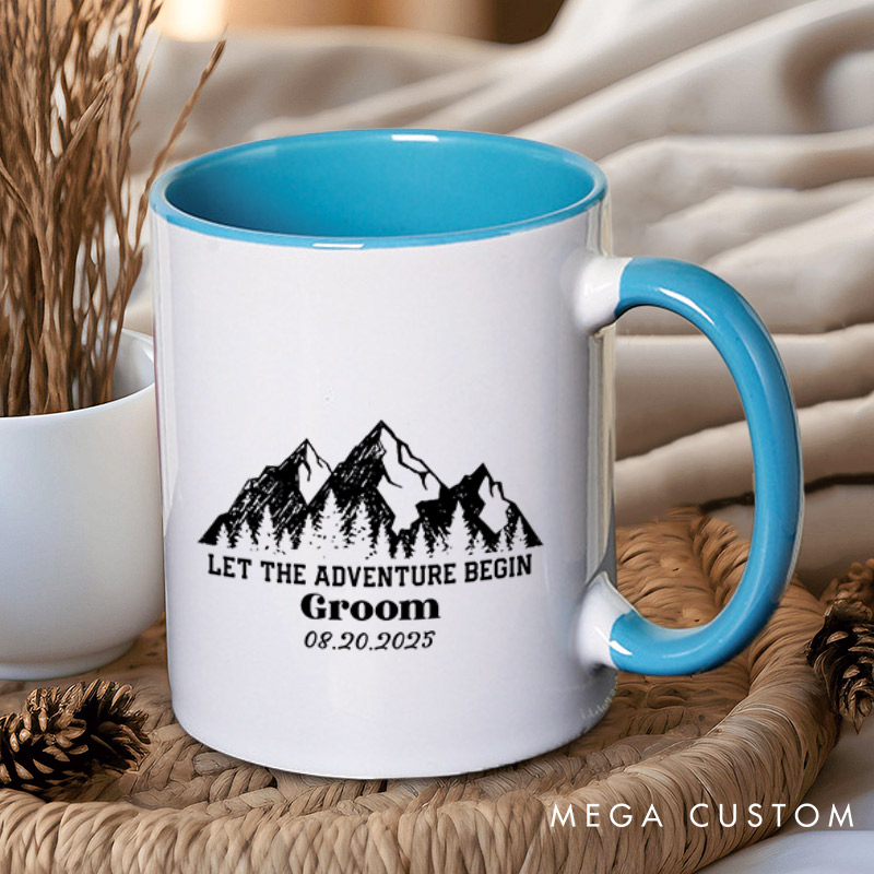 Personalized Rustic Line Mountains Let The Adventure Begin Bride and Groom Matching Wedding Couple Mugs