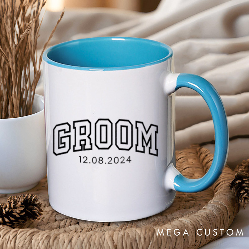 Personalized Varsity-Inspired Bride and Groom with Date Matching Wedding Couple Mugs