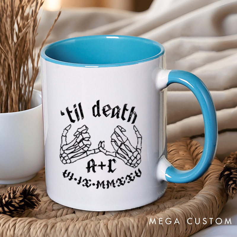 Personalized Til Death Skeleton Finger Hooks with Initials and Dates Matching Wedding Couple Mugs