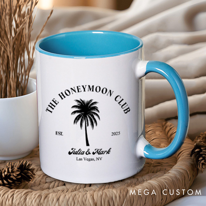 Personalized Tropical The Honeymoon Club with Palm Tree Matching Honeymoon Couple Mugs