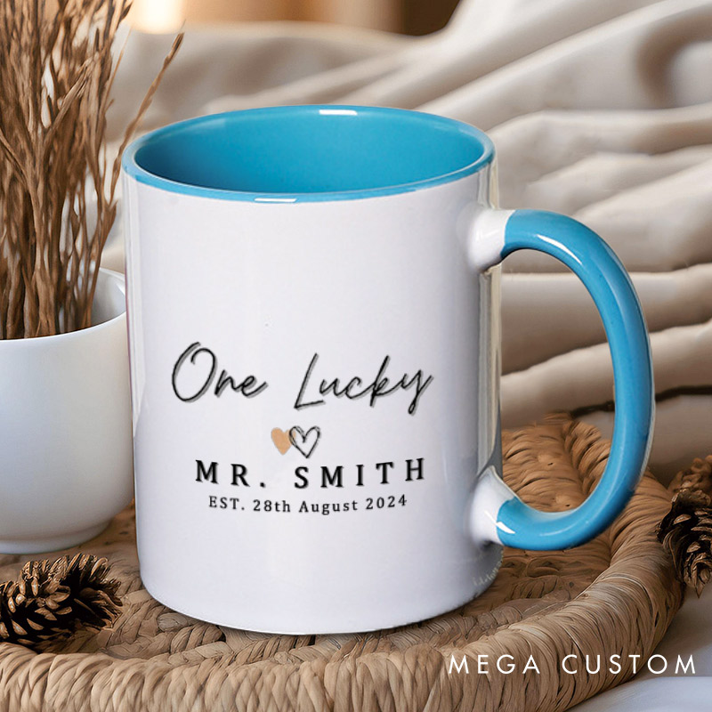Personalized Romantic Soon To Be Mrs and One Lucky Mr with Hearts Matching Engagement Couple Mugs