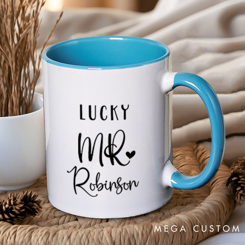 Personalized Playful Lucky Mr and Future Mrs with Heart Matching Engagement Couple Mugs