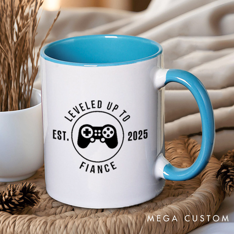 Personalized Leveled Up to Fiancée and Fiancé with Gaming Controller Engagement Couple Mugs